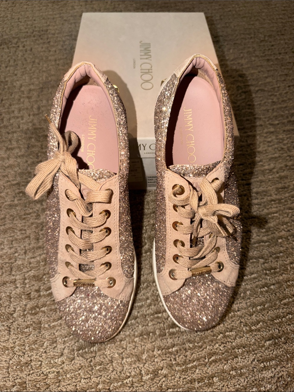 Jimmy Choo Blush Pink Glitter Low-Top Lace-Up Sneakers
